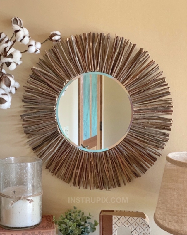 Round Wall Mirror, Wood Sticks Sunburst Radial Rustic Decor