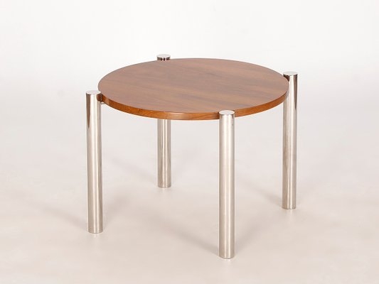 Round Walnut Coffee Table with Bold Inset Cylindrical Chrome Legs