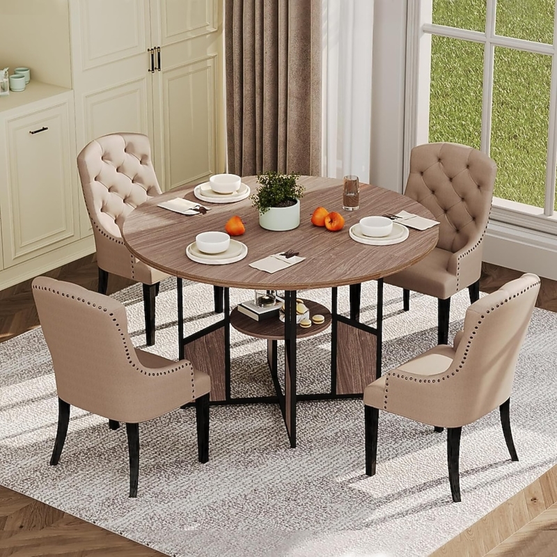 Round Walnut Dining Set with Storage Shelf and Tufted Nailhead Chairs
