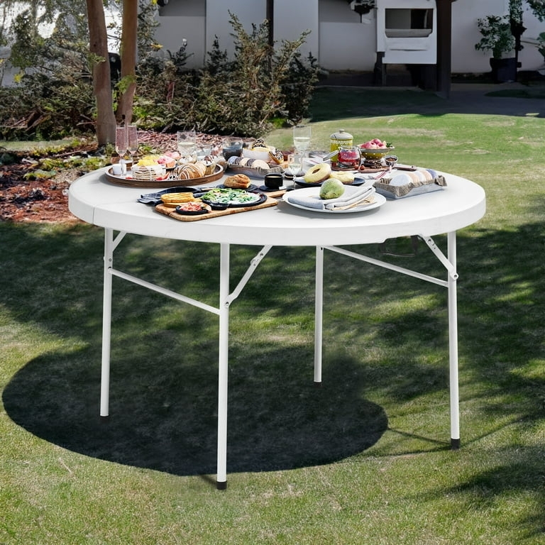 Round White Folding Table, 48 Inch Portable Plastic Garden Dining