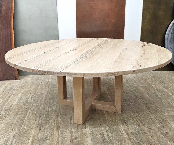 Round White Oak Dining Table, Rustic Pedestal Base - Etsy