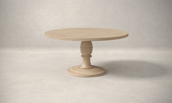 Round White Oak Dining Table with Turned Wood Pedestal Base Transitional