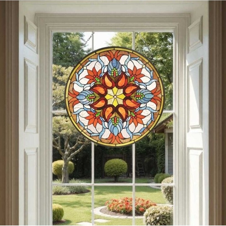 Round Window Panel 24-Inch, Beaded Accents, Mandala.