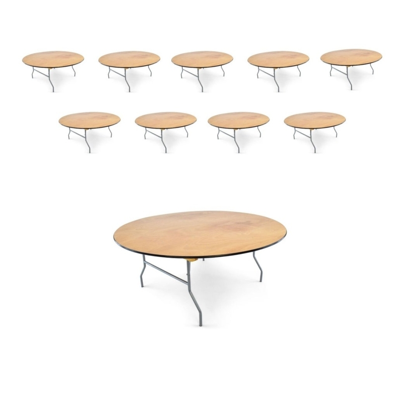 Round Wood Folding Tables, 72 Inch Honey Brown 10-Pack Bundle