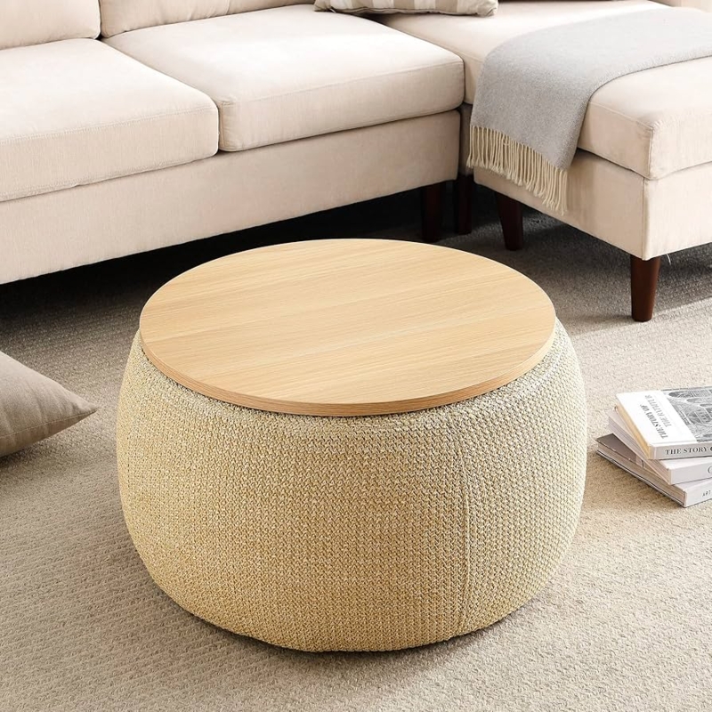 Round Wood Top Ottoman Storage Woven Drum Natural Beige