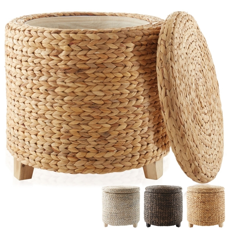 Round Woven Hyacinth Storage Ottoman Chunky Braid Legs