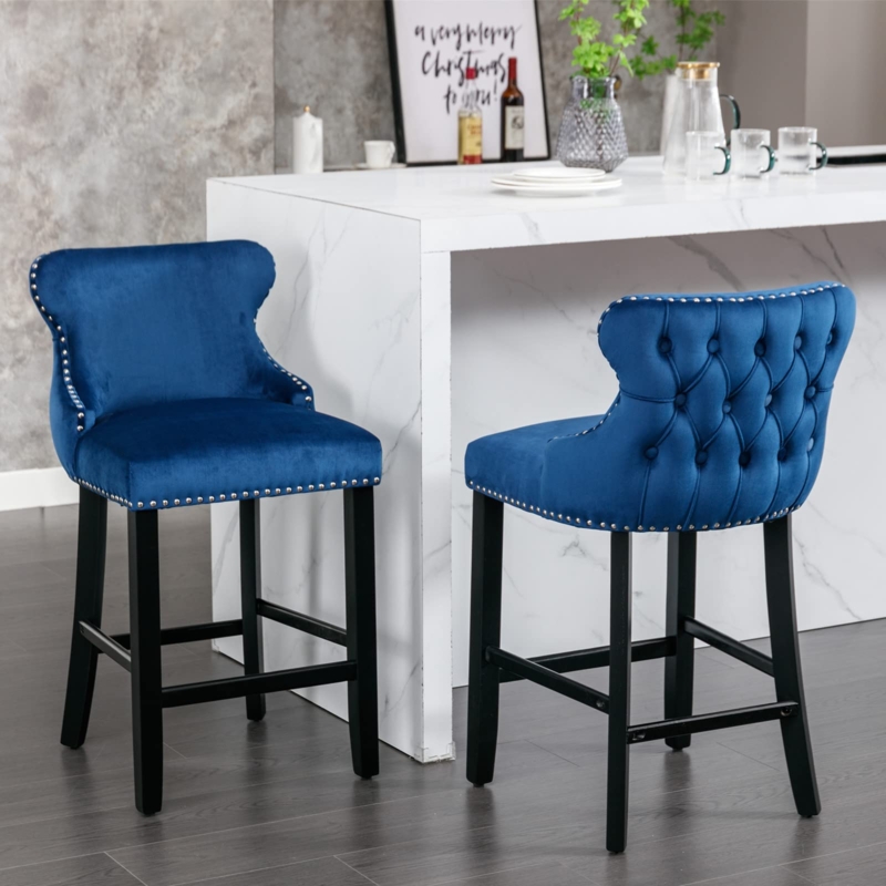 Royal Blue Bar Stool with Button Tufting and Silver Nailhead Trim
