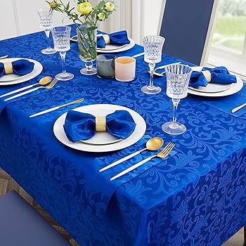 Royal Blue Damask Tablescape Jacquard Fabric Elegant Dining Decor