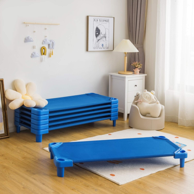 Royal Blue Daycare Cots, Easy Clean Surface, Stackable Design, Mesh.