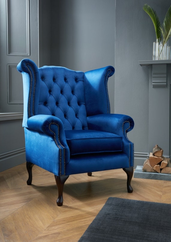 Royal Blue Velvet Chesterfield Wingback Chair with Nailhead Trim