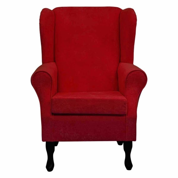 Ruby Red Wingback Chair: Plush Fabric, Matte Black Legs, Fireside