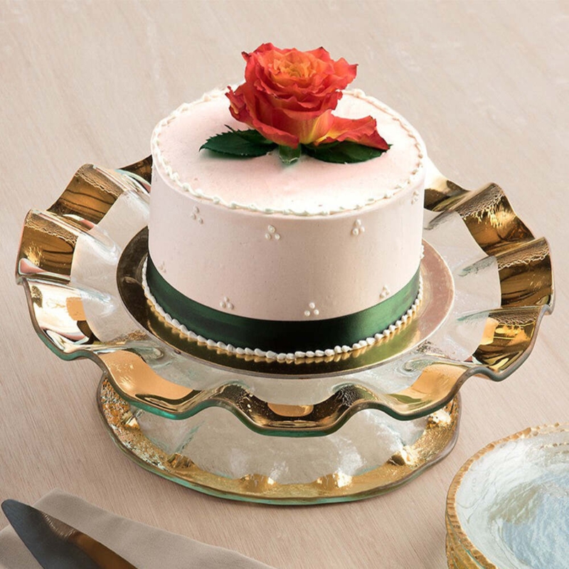 Ruffled Gold Edge Cake Plate Glass Pedestal Hand Painted Gold Rim