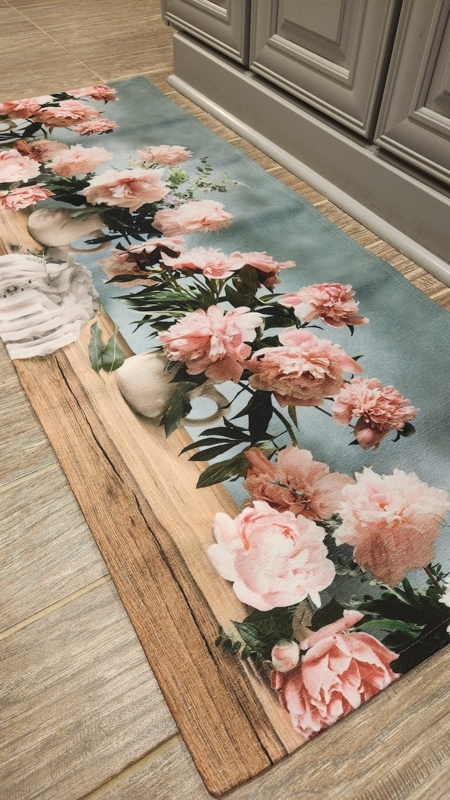 Runner Rug, Cottage Chic Peony Print, Faux Wood Grain Border, Teal