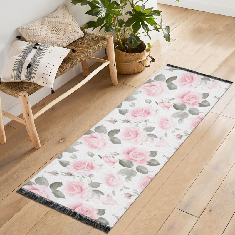 Runner Rug, Cottagecore Rose Print, Black Fringe Tassels, Blush Pink