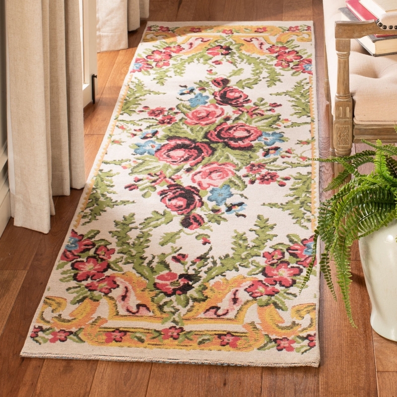 Runner Rug, Floral Medallion, Ivory Rose, Scrolling Border, Cottagecore