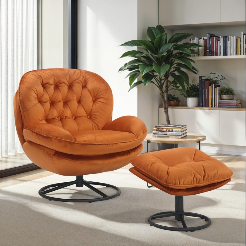 Rust Orange Velvet Swivel Chair with Matching Ottoman, Button Tufting