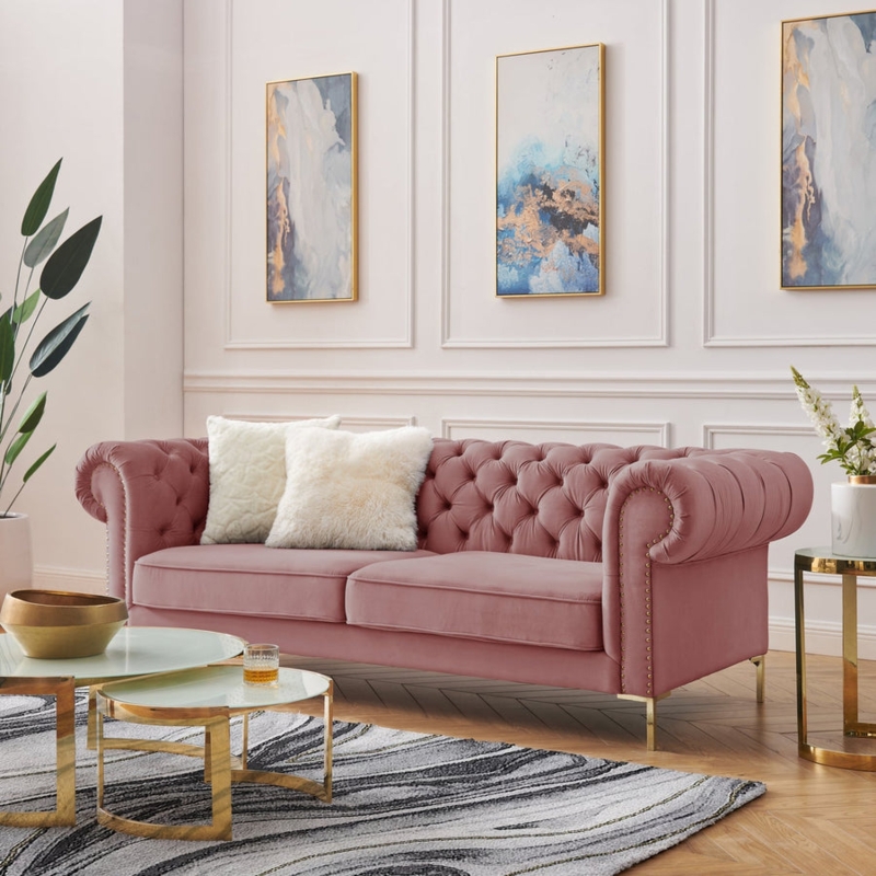 Rust Pink Chesterfield Sofa with Button Tufting and Nailhead Trim