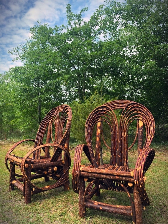 Rustic Armchair Pair: Bentwood Twigs with Circular Looped Armrests