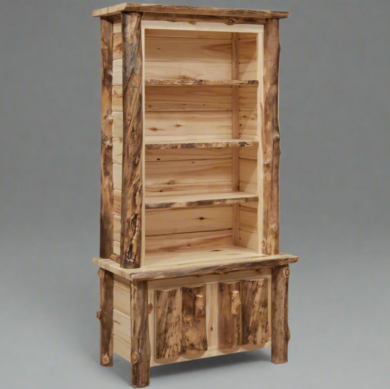 Rustic Aspen Log Bookcase with Natural Bark Accents and Cabinet Doors