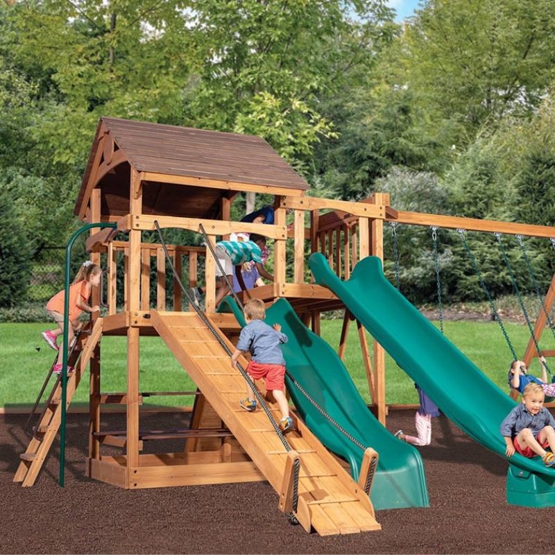 Rustic Backyard Playset with Fireman's Pole, Dual Slides, Climbing Ramp