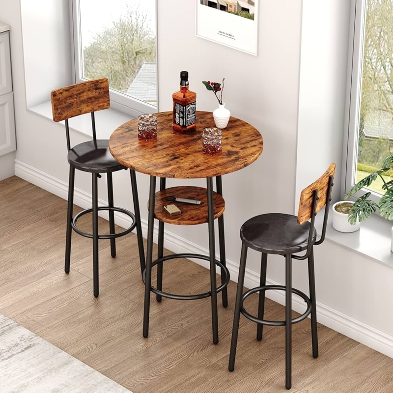 Rustic Bar Table Set 3-Piece Circular Bistro Design Lower Shelf