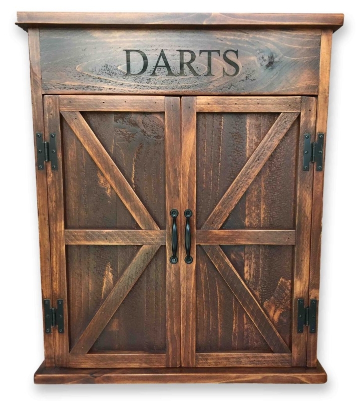 Rustic Barn Door Dart Cabinet with X-Brace Doors and Engraved Header