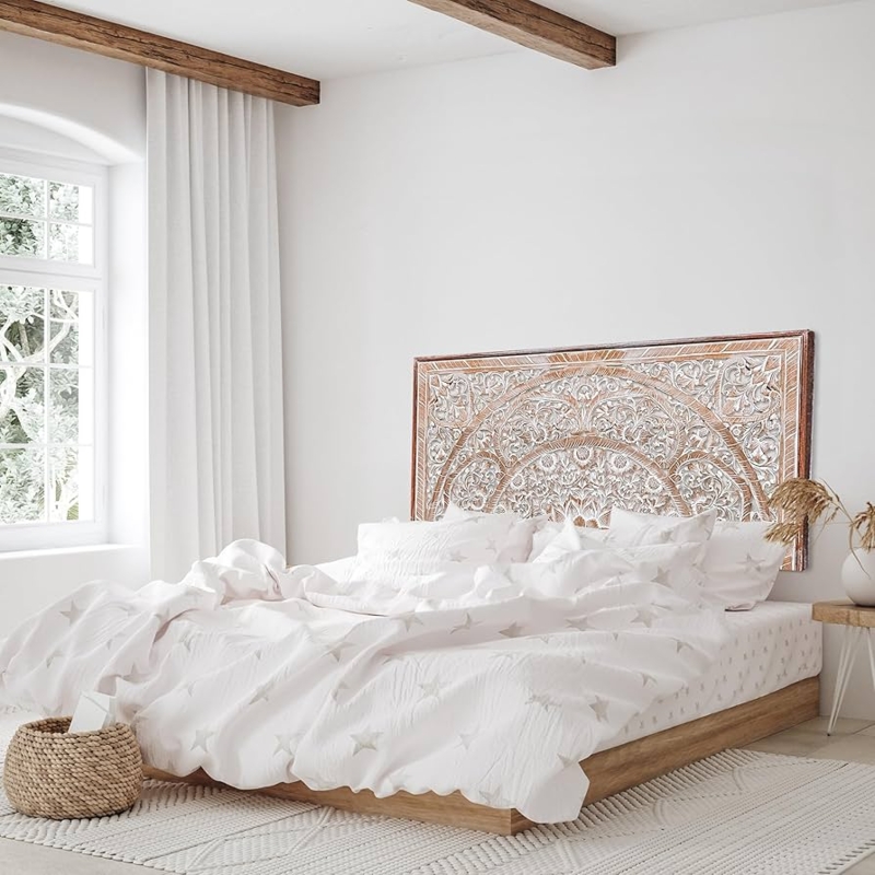 Rustic Boho Headboard with Carved Mandala Pattern