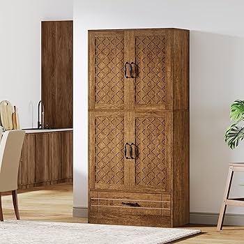 Rustic Brown Pantry Cabinet with Lattice Door Panels