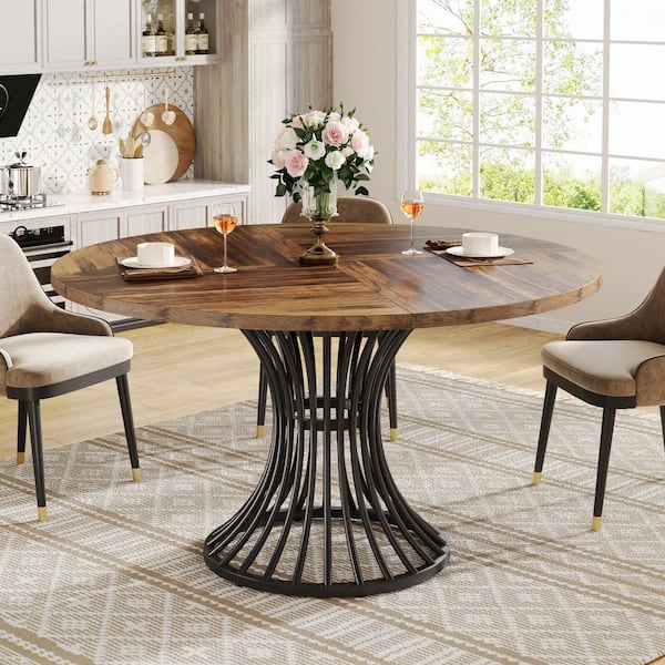 Rustic Brown Parquet Wood Round Dining Table with Hourglass Metal Base