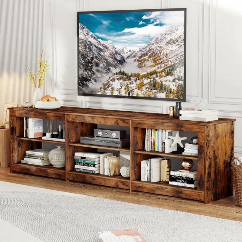 Rustic Brown TV Stand, 75 Inch Capacity, Distressed Wood Finish.