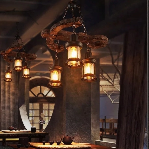 Rustic Chandelier, Anchor Shaped Wood, Quad Lantern Design, 4-Light.