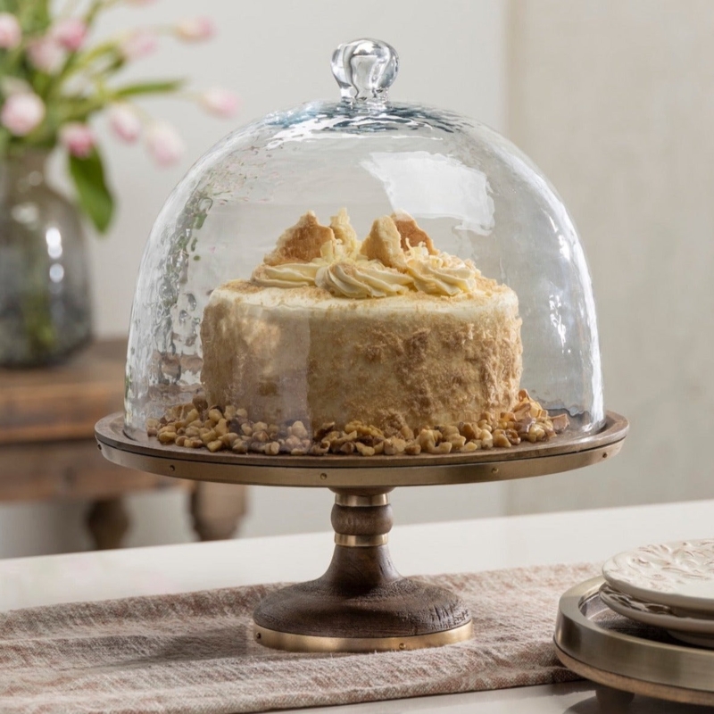 Rustic Chic Cake Stand with Turned Wood Base and Brass Accents