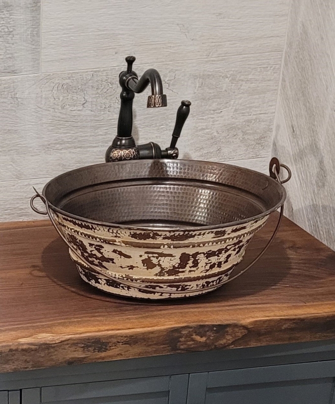 Rustic Copper Bucket Sink with Distressed White Exterior Finish