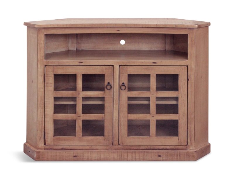 Rustic Corner Media Console: Mullion Glass Doors & Honey Brown Finish