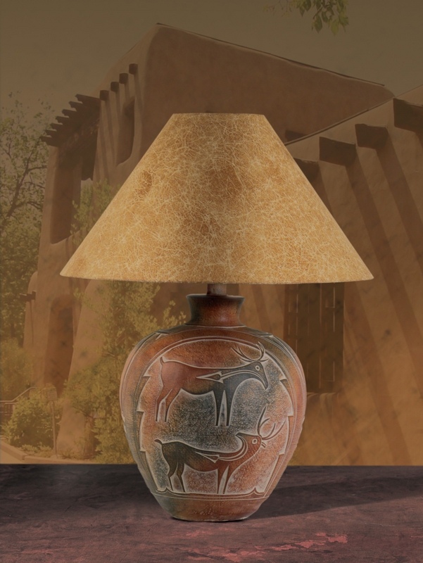 Rustic Deer Motif Table Lamp with Sgraffito Etched Ceramic Base