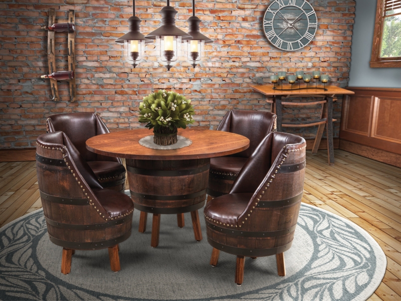 Rustic Dining Set: Whiskey Barrel Table Base with Four Upholstered Chairs