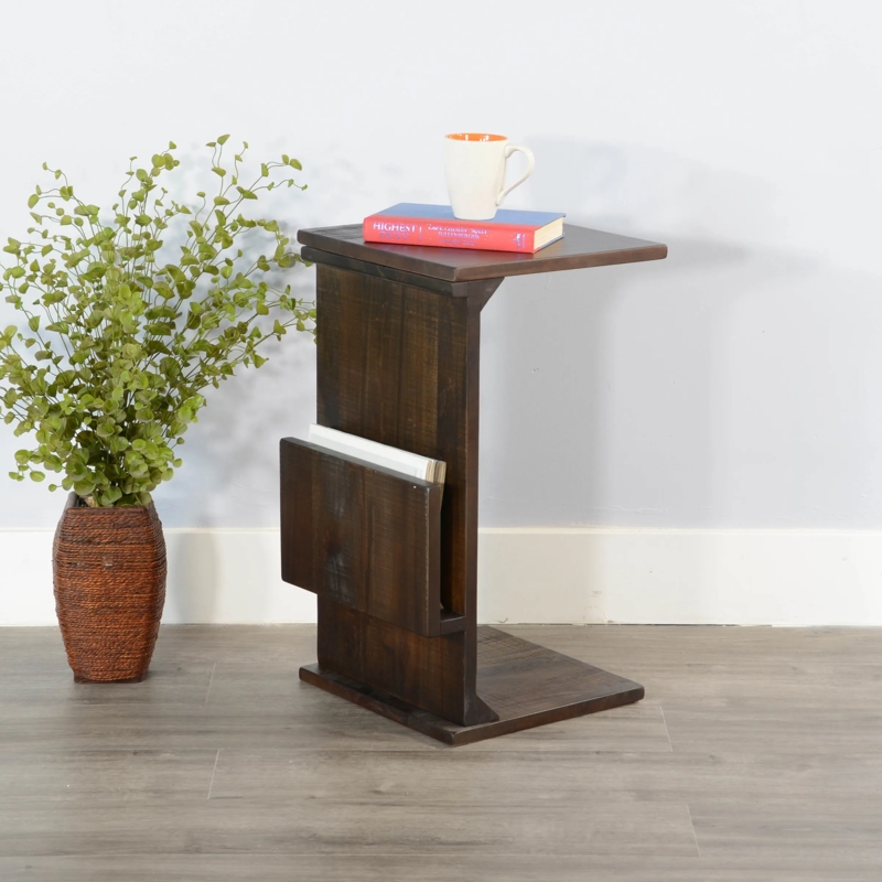 Rustic Distressed Wood C-Shaped Side Table with Magazine Rack, Espresso