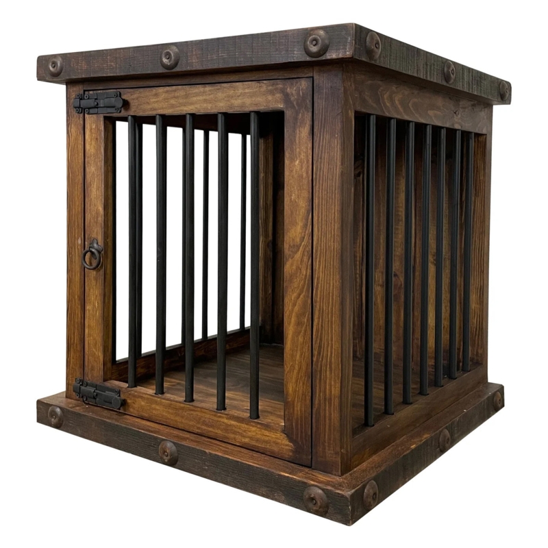 Rustic Dog Kennel with Dark Wax Finish and Decorative Metal Studs