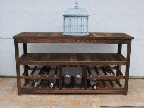 Rustic Farmhouse Console Table with Stemware Storage and Weathered Finish