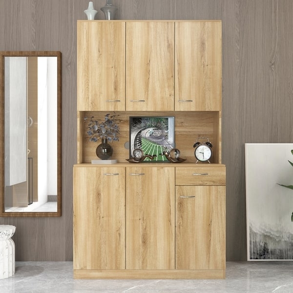 Rustic Farmhouse Pantry Cabinet with Open Hutch Shelf and Drawers