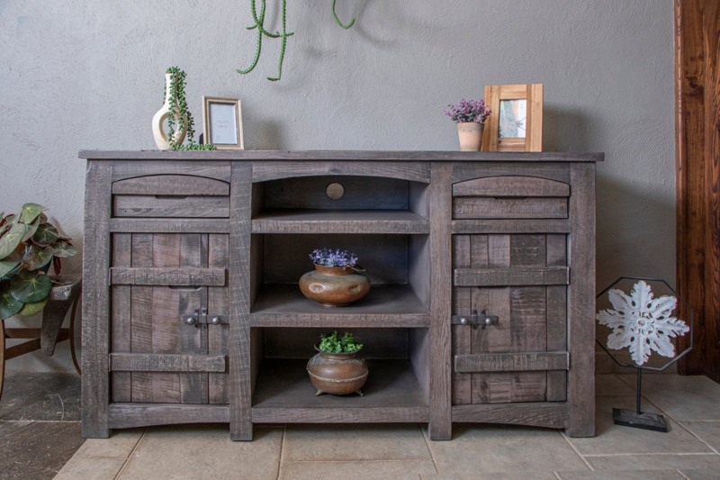 Rustic Gray Media Console featuring Unique Metal Slide Latches