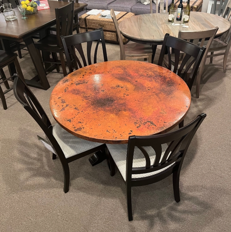 Rustic Industrial Dining Table, Hammered Copper Top and Pedestal Base