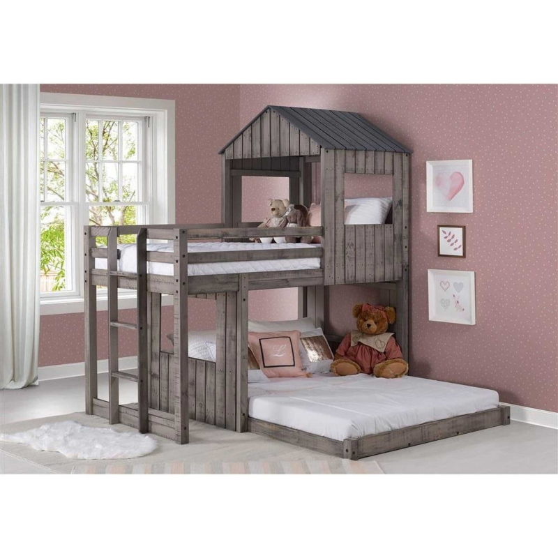Rustic L-Shaped Playhouse Bunk Bed in Weathered Gray Wood