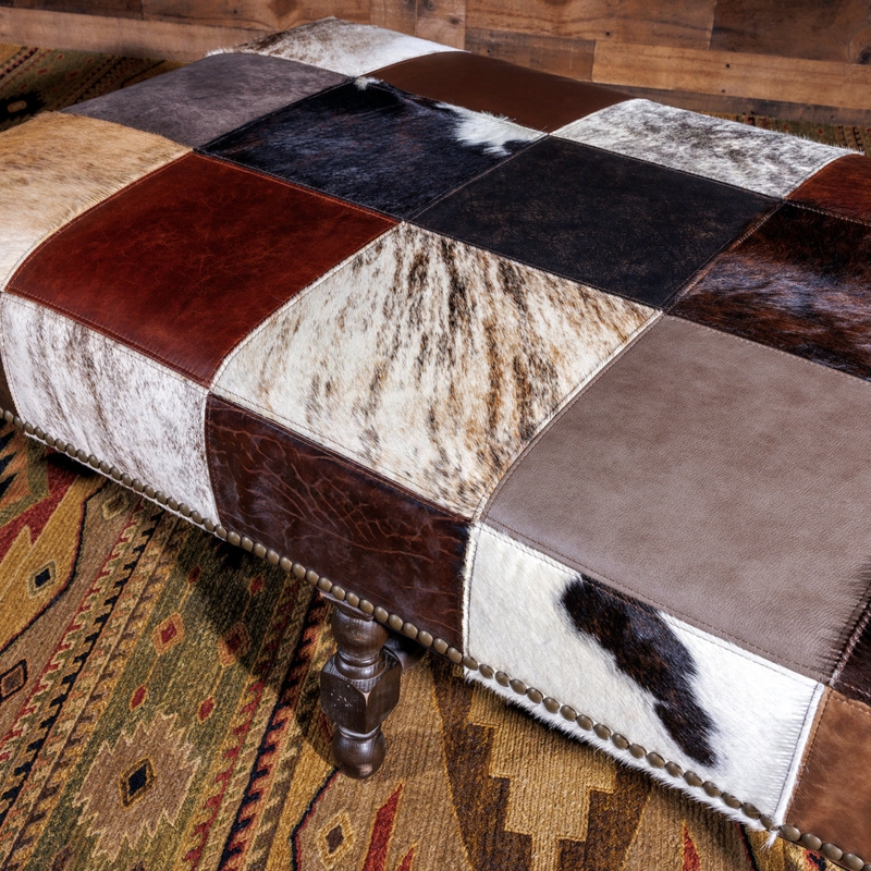 Rustic Leather Bench Ottoman: Rectangular Hair-on-Hide Patchwork