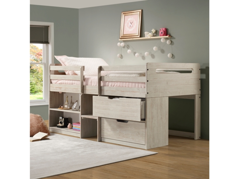 Rustic Light Grey Low Loft Bed with Pull-Out Drawers and Shelves