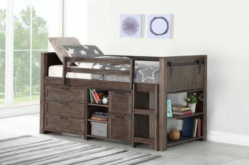 Rustic Low Loft Bed with Sliding Barn Door Hardware and Storage