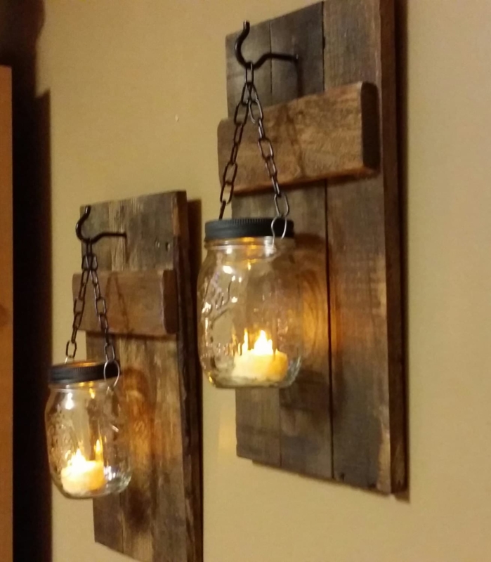 Rustic Mason Jar Lantern Set, Distressed Wood Backing, Hanging Chain