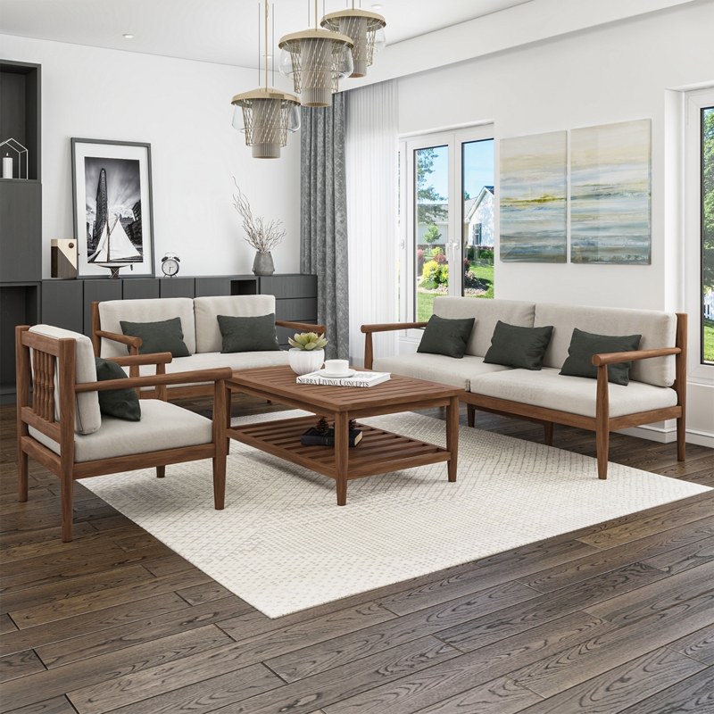 Rustic Modern Living Room Set Teak Spindle Accents Slatted Base