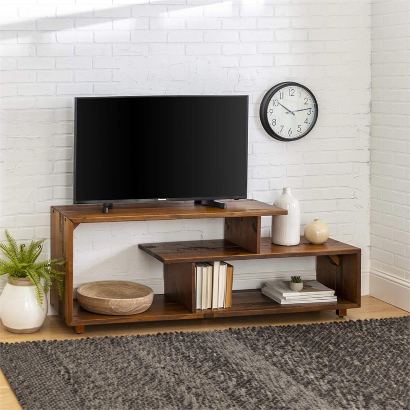 Rustic Modern TV Stand with Asymmetrical Tiered Shelving Design