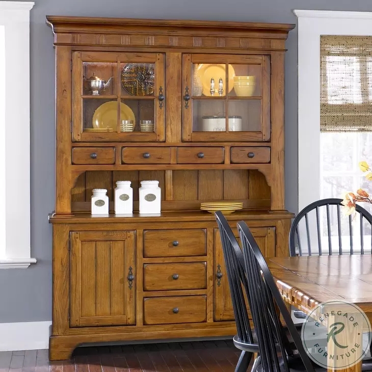 Rustic Oak Buffet Hutch With Plank Doors And Glass Muntins